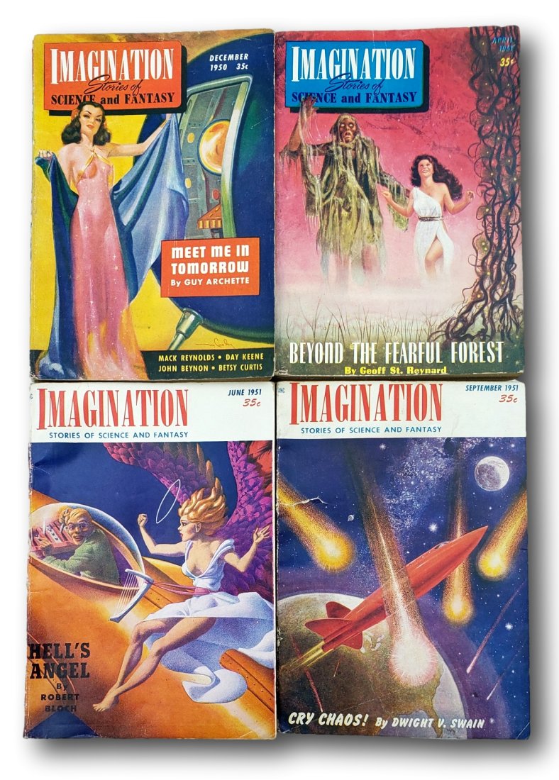 1950 & 1951 Imagination Stories of Science and Fantasy Lot of 4: This lot contains four Imagination Stories of Science and Fantasy Digests.September 1050 issue is in Very Good condition with spine creasing, corner rubbing, and edge wear. April 1951 issue is in Very