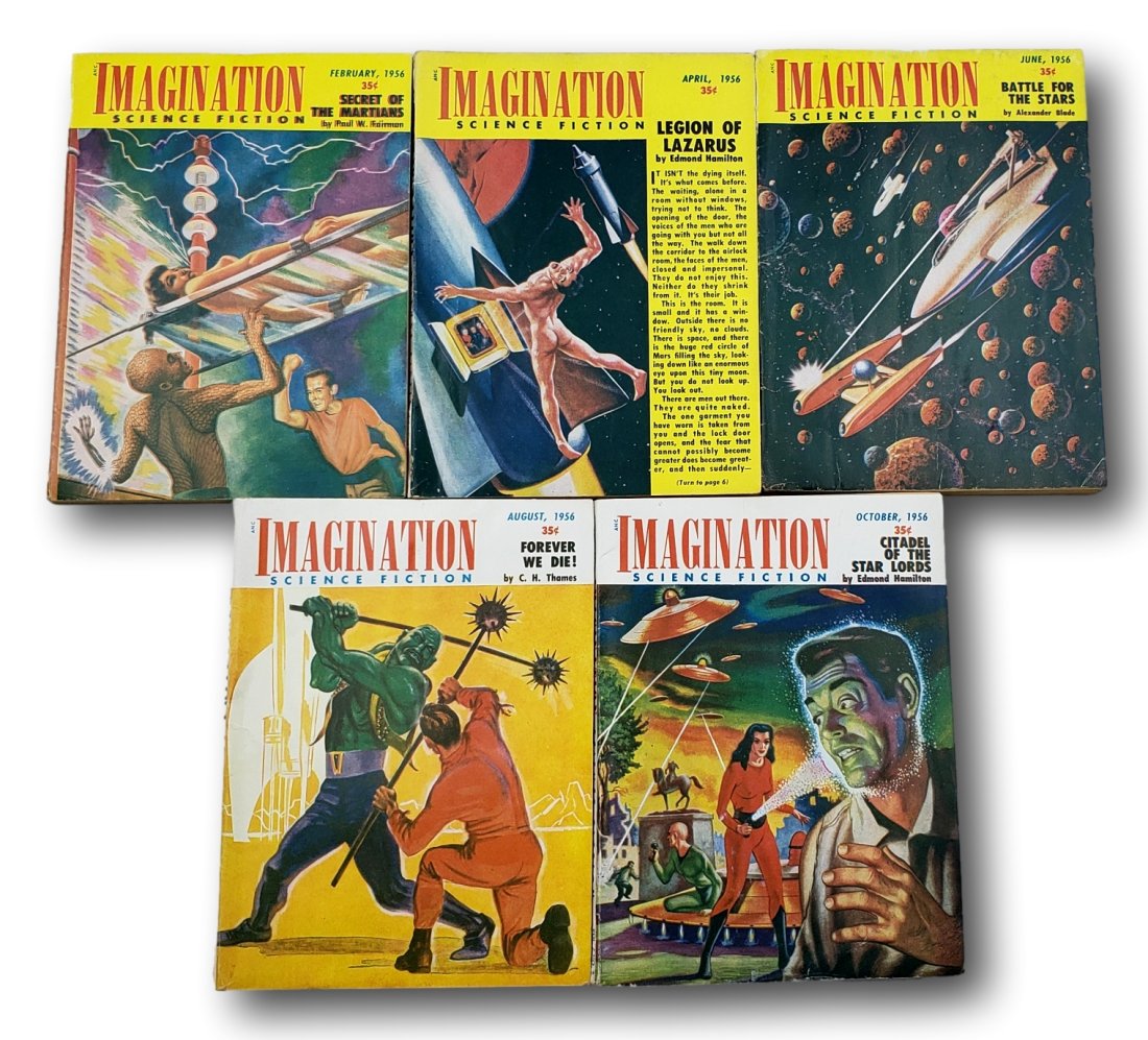 1956 Imagination Science Fiction Lot of 5: This lot includes February 1956 in Very Good condition with spine creasing, corner and edge rubbing. April 1956 in Good condition with spine cover tear, spine creasing, creasing, and corner rubbing. J