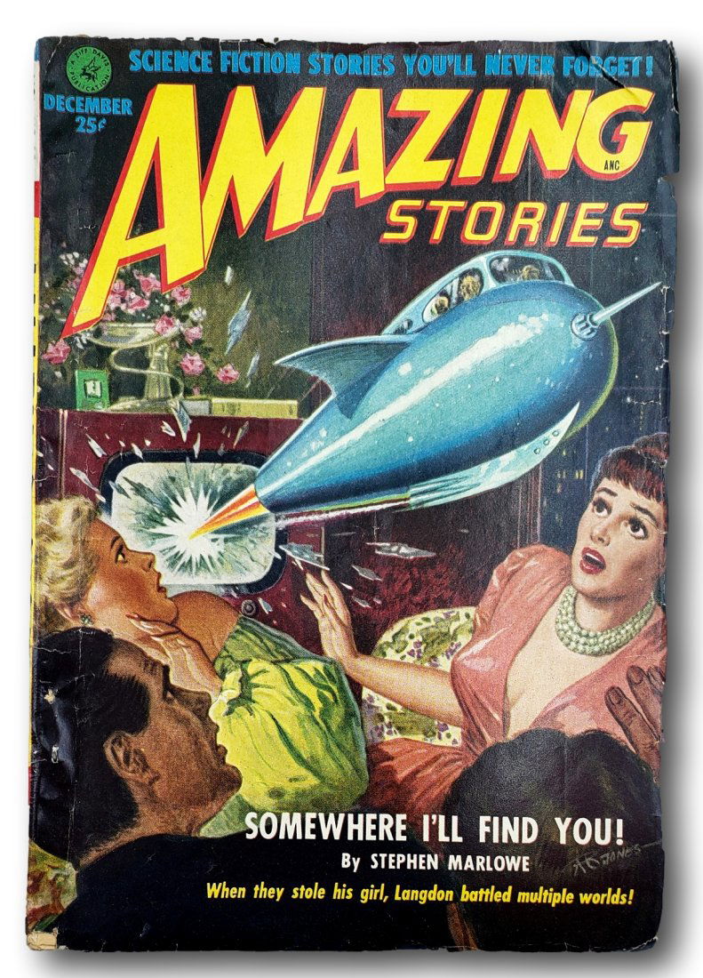 AMAZING STORIES. December, 1951: 9 3/4" x 7". Volume 25, No. 12 Howard Browne, editor. Cover illustration by Robert Gibson Jones. Contents include, "Somewhere I'll Find You" by Stephen Marlowe, pseudonym of Milton Lesser. Bright cove