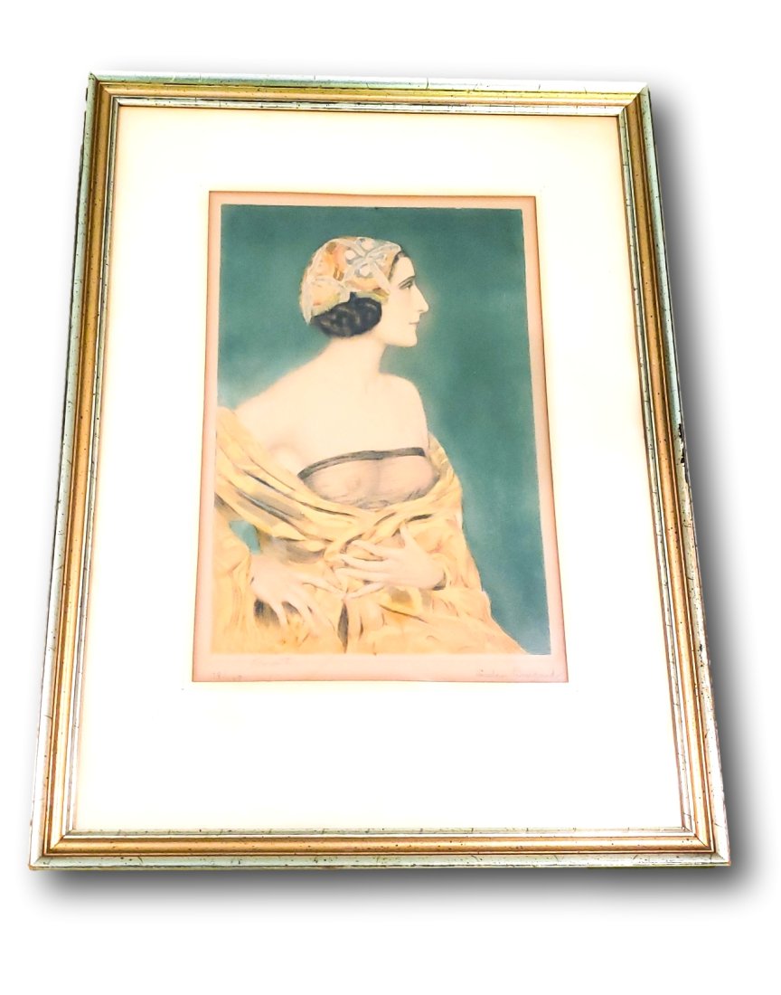 Elegance in Repose - Color Etching by Gustave Brisgand: Featured in this lot is a delicate color etching by Gustave Brisgand, capturing the serene and introspective elegance of a partially nude woman draped in a flowing shawl. The piece showcases Brisgand'