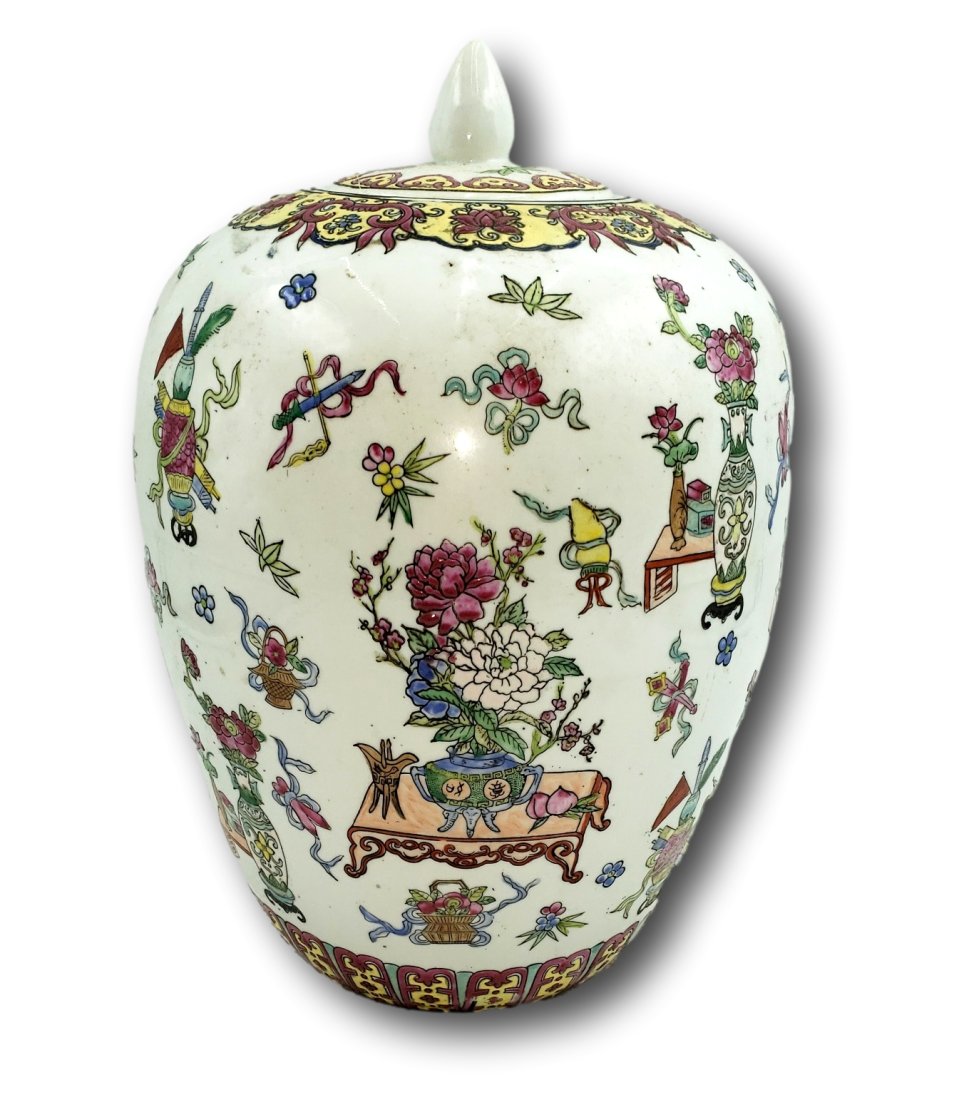 Exquisite Chinese Porcelain Ginger Jar with Lid, Floral and Figural Motifs: Introducing an exquisite piece of Chinese heritage, this ornate porcelain ginger jar, complete with its original lid, stands 12 inches tall by 9 inches wide. Embellished with vibrant floral designs an
