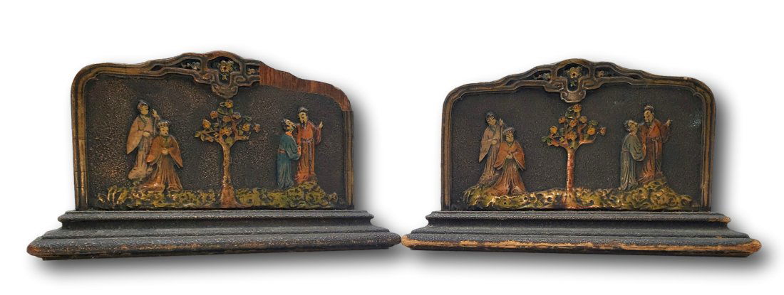 Vintage East Asian-Inspired Bookend Pair: Presenting a charming pair of vintage bookends that capture the essence of East Asian pastoral life. Each bookend is meticulously crafted from wood, measuring 9.5 inches in length, 2.5 inches in depth