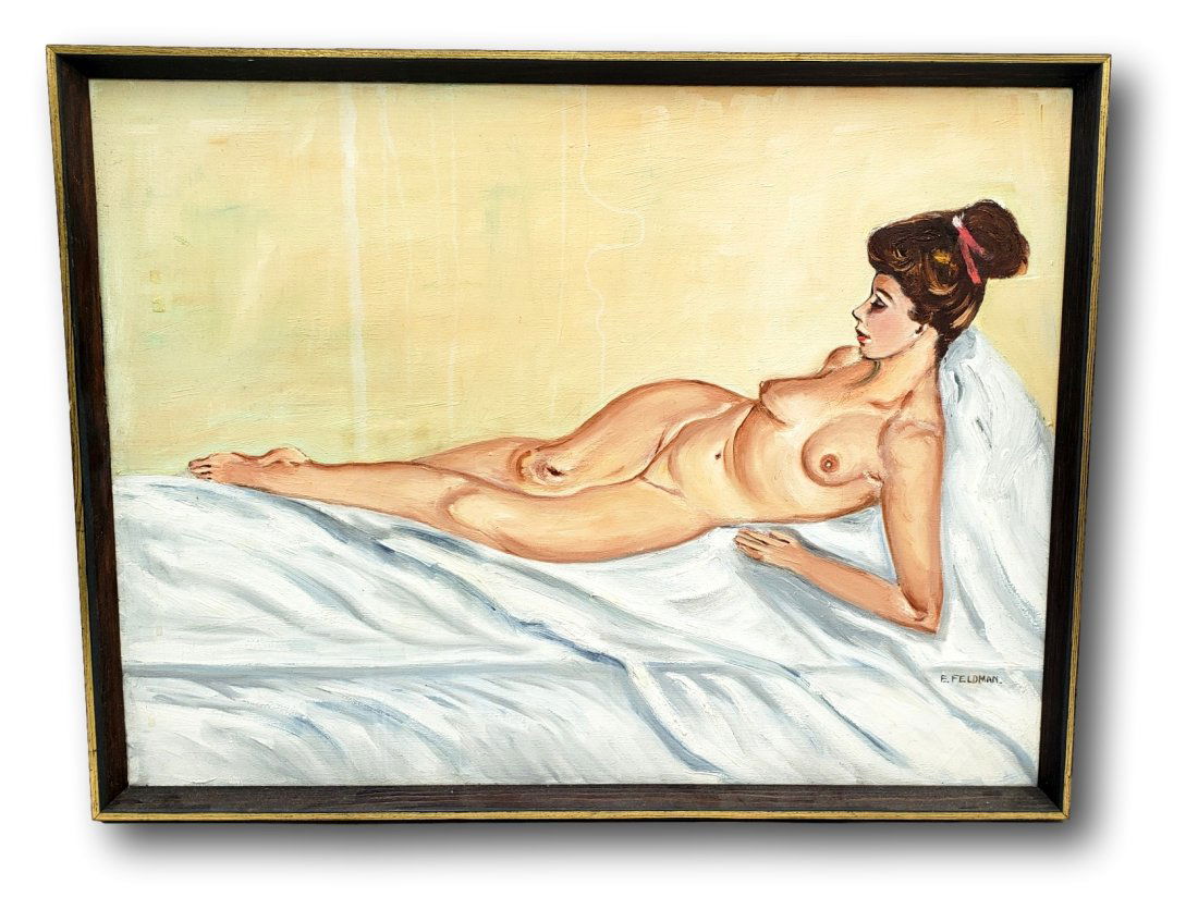 Repose in Serenity Oil on Canvas: Presented is an evocative oil on canvas painting, capturing the timeless beauty of the human form in repose. The subject, a nude figure, is depicted in a state of relaxed contemplation, reclining grac