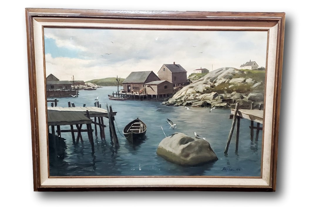 Serene Harbor View Signed Kinghan: Lot 104 presents a tranquil maritime scene, executed in oil on canvas, measuring an impressive 40 inches by 28 inches. The artwork is a masterful representation of a serene harbor, showcasing a collec
