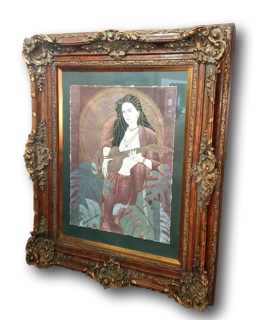 Enigmatic Muse with Lute: This impressive multi-media portrait by the artist James Lee is a commanding presence, with a signed acknowledgment of authenticity by the artist. The work is delicately rendered on paper, showcasing 