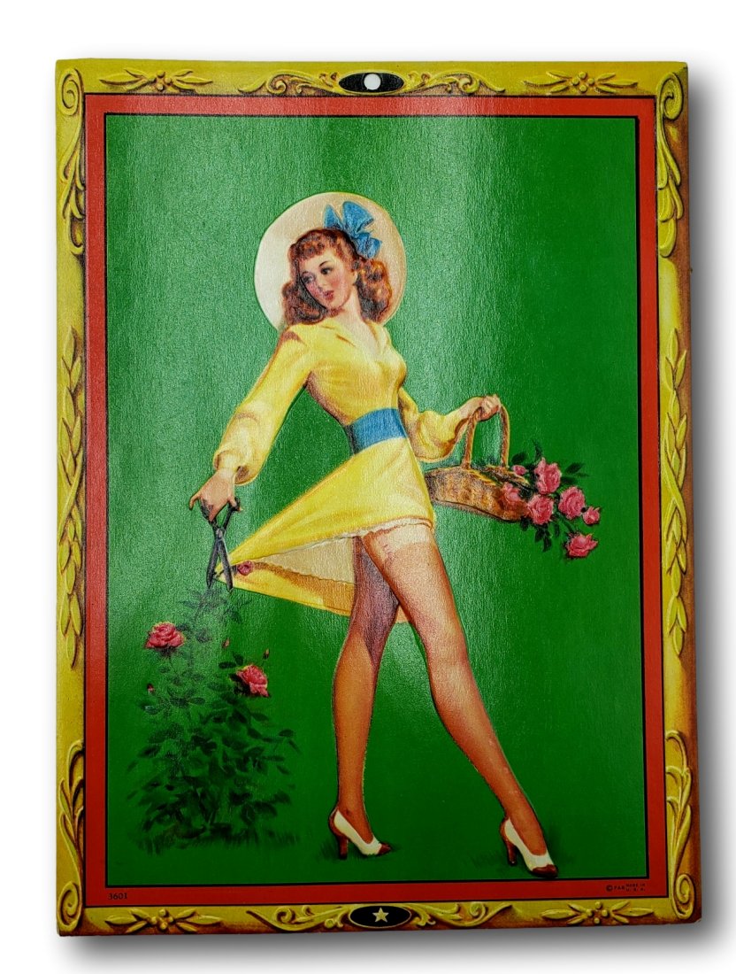 NOS 1950s Art Frahm Embossed #3601: Offering a delightful glimpse into 1950s Americana, this NOS (New Old Stock) pin-up art by the renowned artist Art Frahm is a classic representation of mid-century charm and whimsy. This piece, number