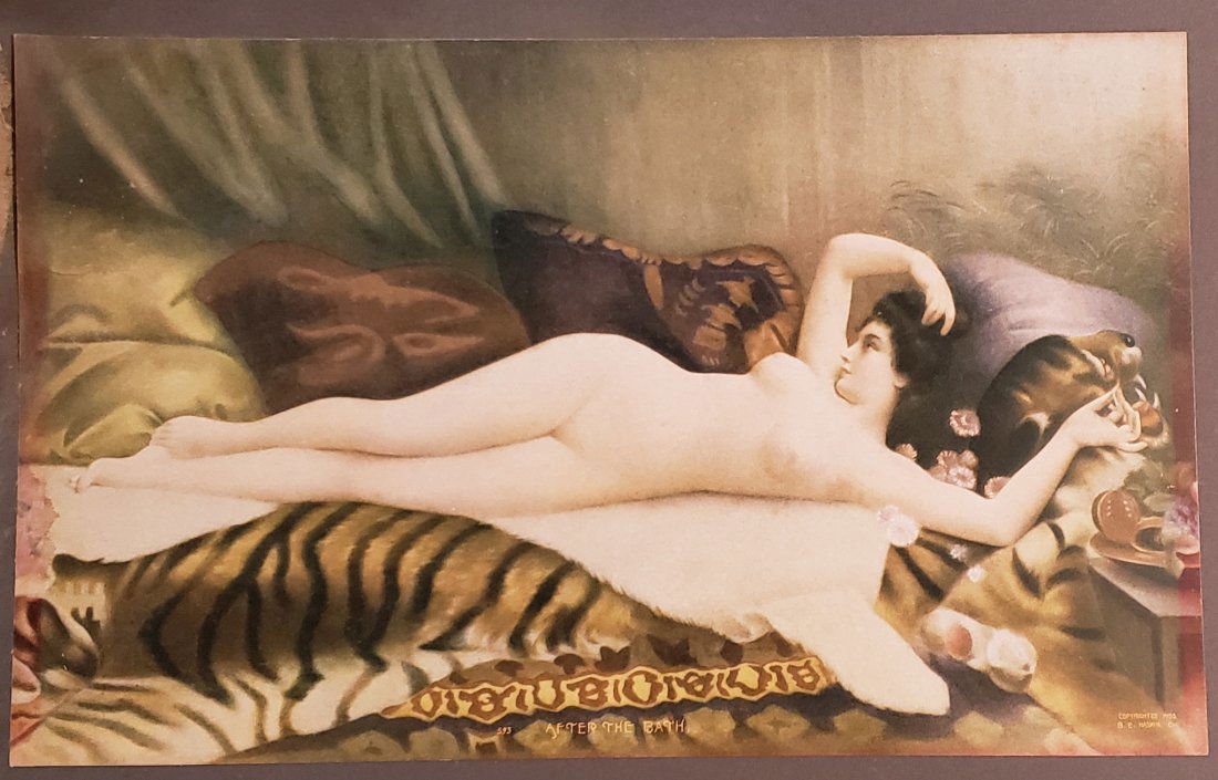 1902 After The Bath Art Nouveau Print: We are pleased to offer a charming example of early 20th-century Art Nouveau and pin-up art, a lithographic print titled "After the Bath," dating back to 1902. This exquisite piece encapsulates the pe