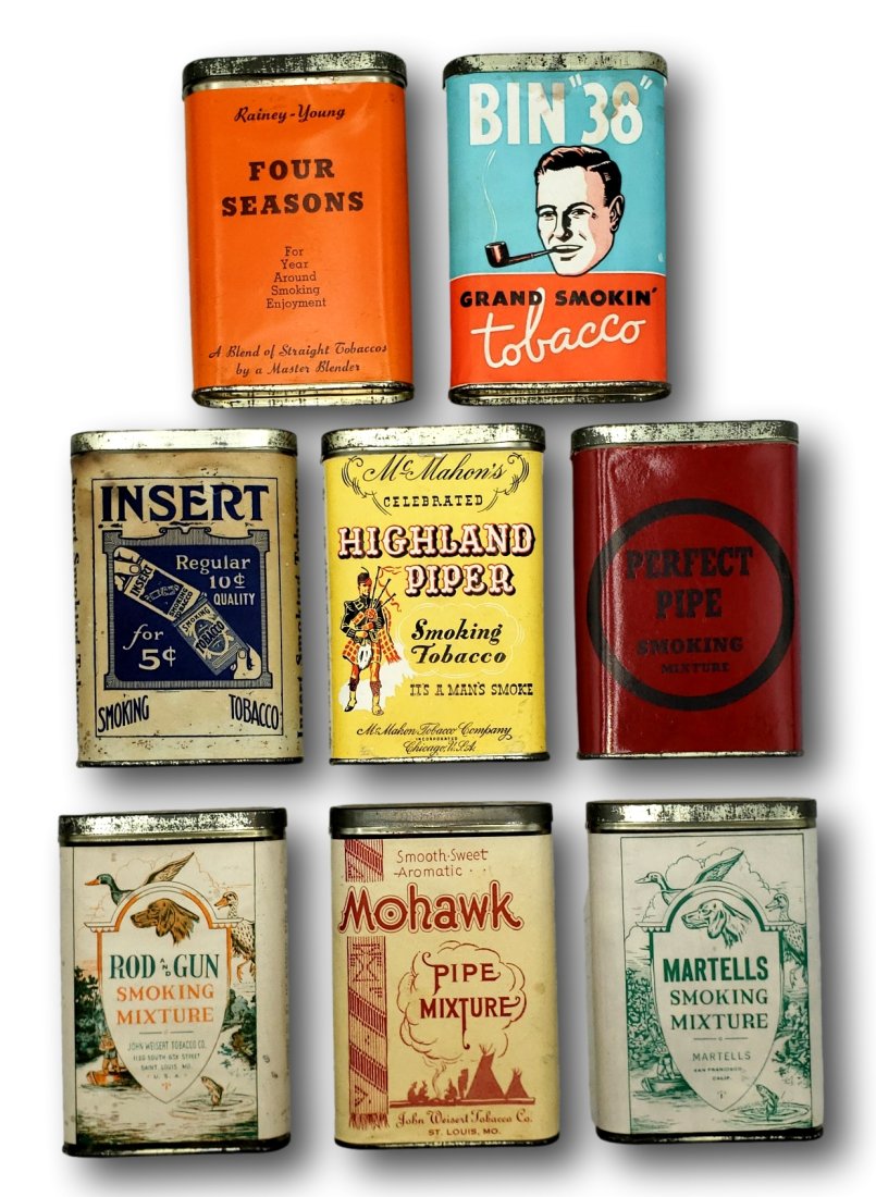 Lot of 8 Vintage Paper Label Vertical Tobacco Tins: Embark on a journey through the golden age of tobacco with this carefully curated lot of eight vintage paper label tobacco tins. Each tin is a testament to the rich history and artistry of early 20th-