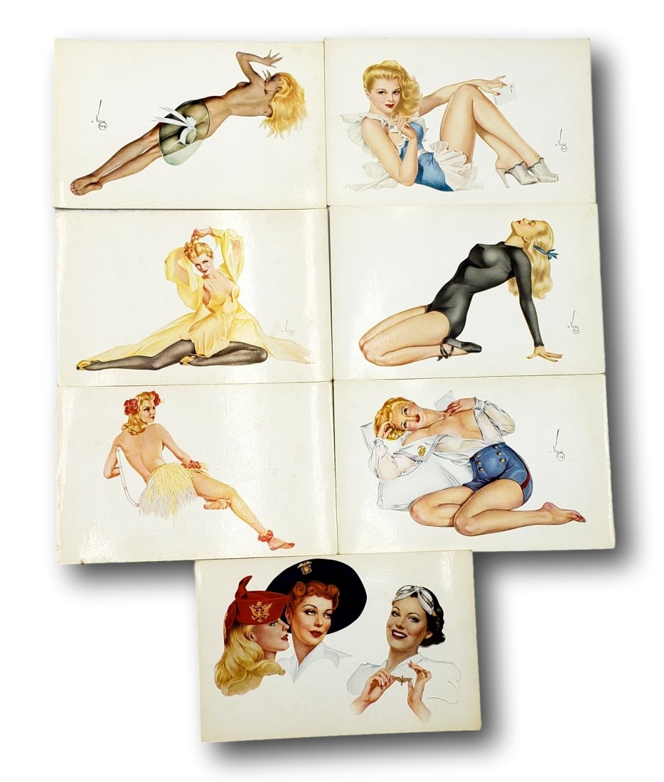 Lot of 7 Alberto Vargas 1940s Pin-Up Esky-Cards: Immerse yourself in the allure of the 1940s with this captivating collection of seven pin-up postcards by the legendary artist Alberto Vargas. Known for his iconic work that graced the pages of Esquir