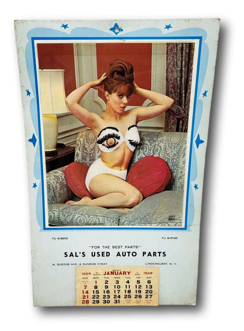 1968 Sal's Used Auto Parts Novelty Pin-Up Advertising Calendar: Turn back the calendar pages to 1968 with this cheeky and clever advertising piece for Sal's Used Auto Parts. This full-year calendar, measuring 10 x 16 inches, pairs practicality with playfulness, fe