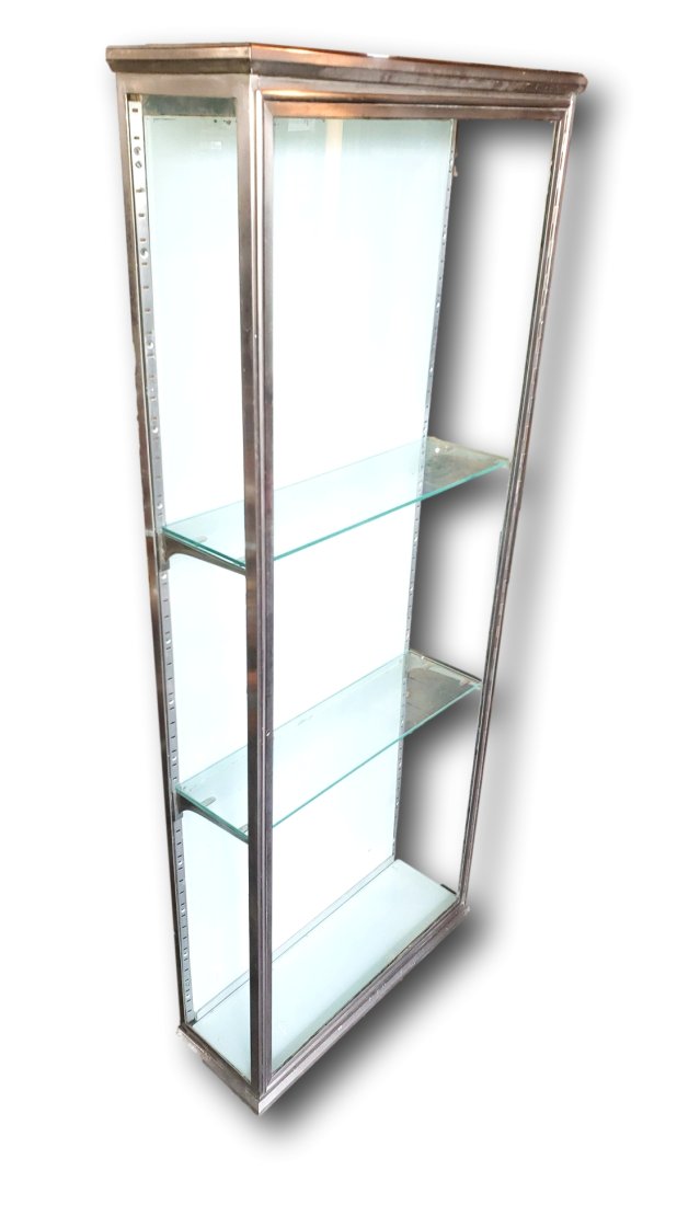 Sleek Elegance: Mid-Century Modern Glass and Nickel Chromed Display Cabinet: This sophisticated display cabinet is a pristine example of mid-century modern design, offering a blend of elegance and functionality. Measuring 59 inches tall, 24 inches wide, and 8.25 inches deep, t