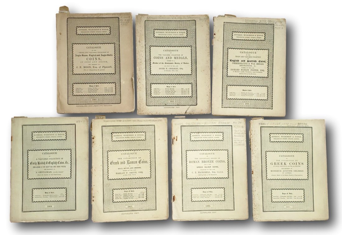 Sotheby, Wilkinson & Hodge Historical Auction Catalogs (1901-1903): This collection features seven authentic and complete auction catalogs from Sotheby, Wilkinson & Hodge, dated from 1901 to 1903. These catalogs represent a significant historical record of numismatic 