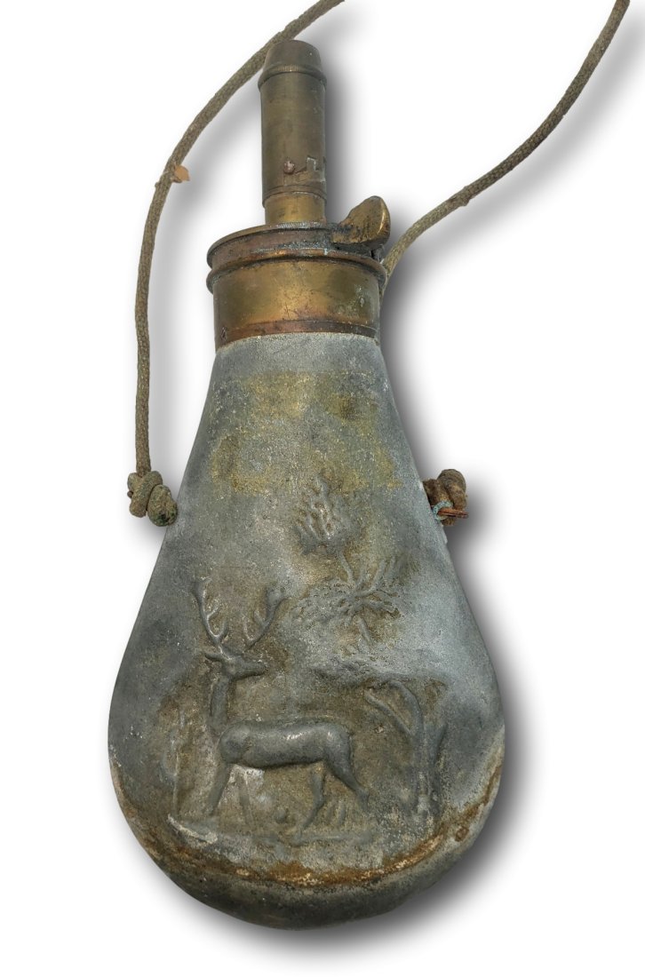 Civil War Era Zinc Black Powder Flask with Deer / Stag (1 of 4)