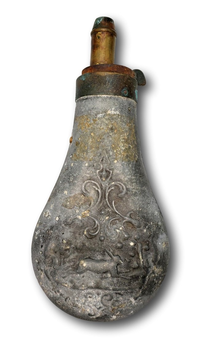 Antebellum Elegance: A Civil War-Era Zinc Powder Flask: This Civil War period powder flask showcases the elegance and craftsmanship of antebellum metalwork. Constructed primarily from zinc, a material known for its resistance to corrosion, the flask has ag