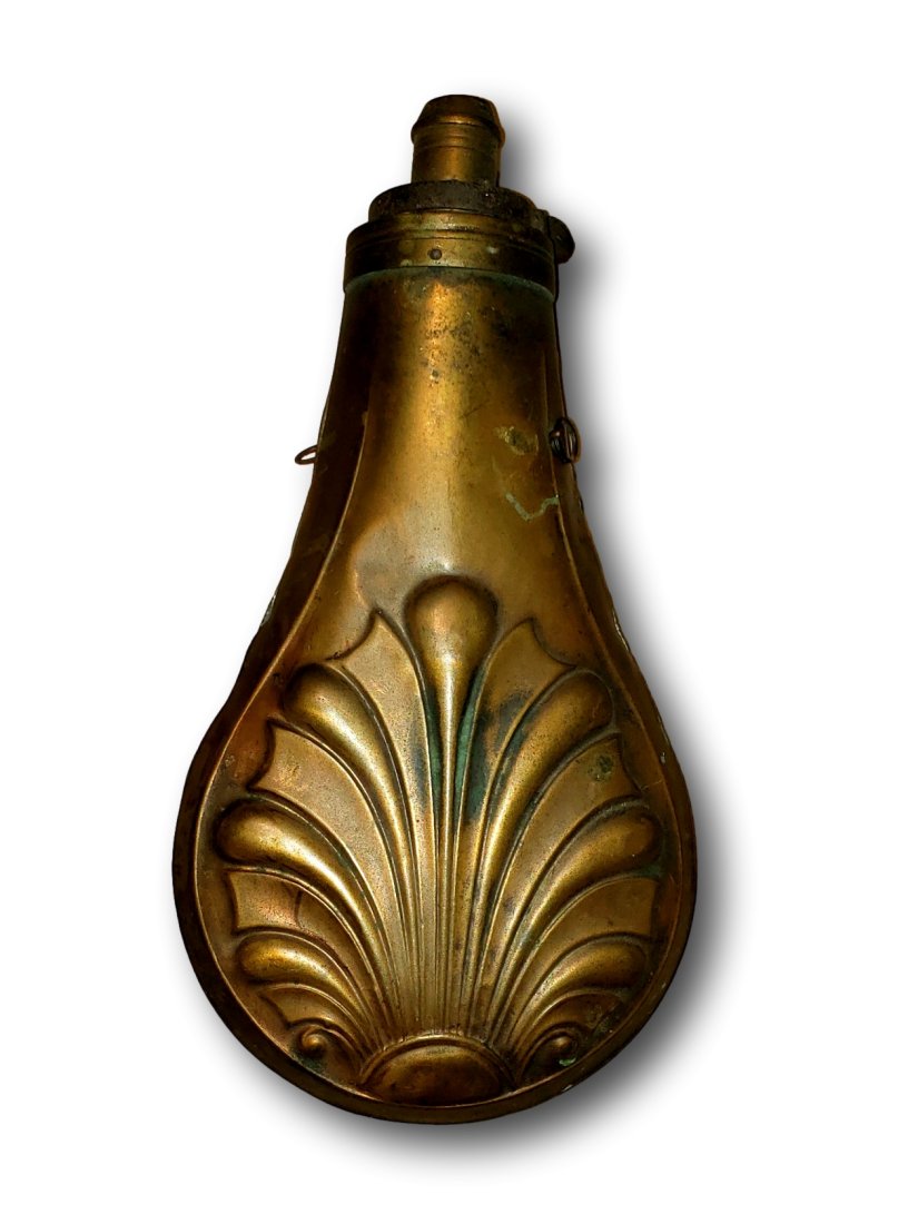 Brass Scallop Fan Powder Flask: A Civil War Artifact: This authentic Civil War-era powder flask is a remarkable relic, embodying both functionality and the ornate aesthetic sensibilities of the time. Crafted from brass, a material prized for its durabili