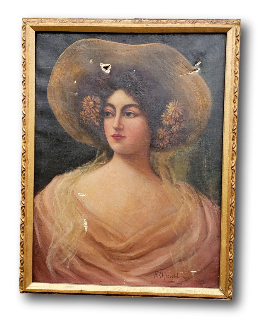 Edwardian Art 1906 "Ideal Hat" by Adelaide R. Husted-Long: This exquisite piece is an original oil on canvas from the year 1906, bearing the signature "A.R. Husted-Long" on its lower right corner along with the date. The artwork is titled "Ideal Hat", as deno