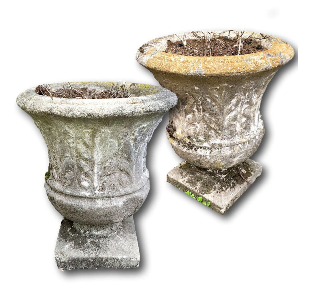 Pair of 18" Concrete Urn Planters: 18 inches tall with 16 inch diameter. Some light chipping around base but nothing that affects the stability. Kerhonkson, NY