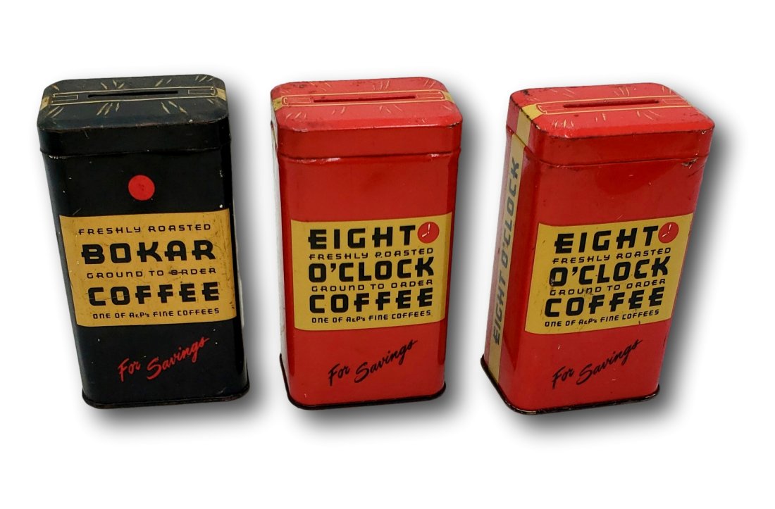 3 Vintage Eight O'Clock Coffee Tin Banks A & P (1 of 3)