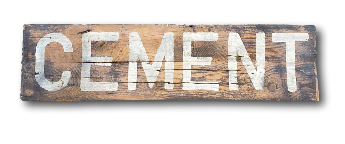 Early Wood Plank Hand Painted Cement Sign: 40 inches long by 10 1/2 inches.