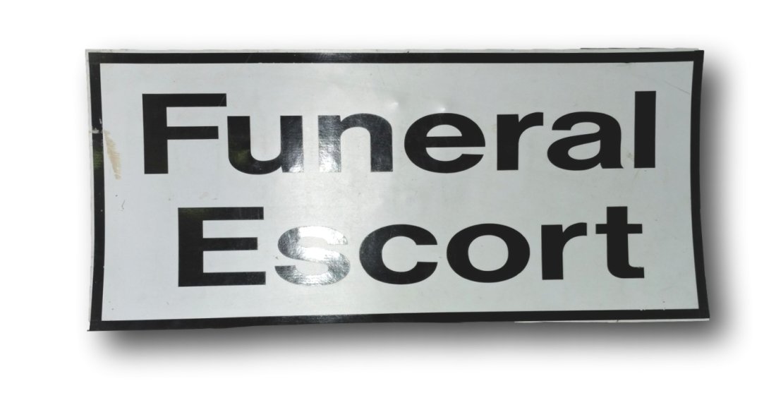Funeral Escort Car Magnet: Black and white magnetic sign, used by a funeral director, staff, clergy, security, and media. Size: 18 x 8 inches.