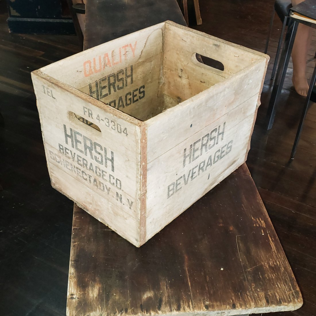 Rare Hersh Beverage Crate Schenectady NY: Hersh Quality Beverages, Schenectady, NY. Markings appear on three sides and two inside panels. The edges have metal strapping. The crate is solid and is in very good age-appropriate condition. It mea