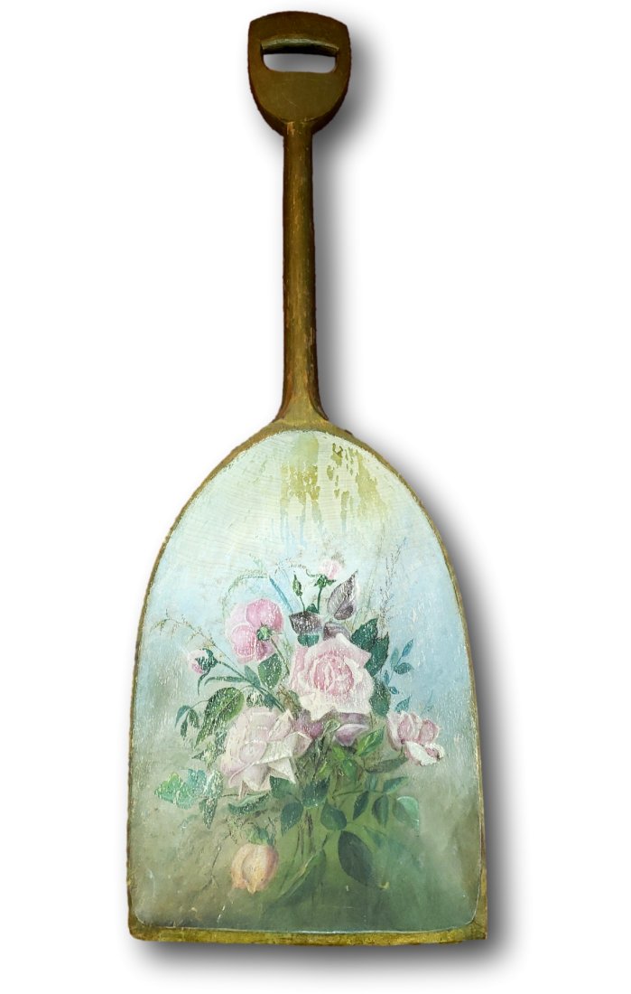 Vintage Shovel Transformed into Art: Vintage wood shovel, approximately 24 inches tall, artistically repurposed as a canvas for a painted floral motif. The scoop of the shovel features a beautiful, delicate painting of pink roses and gre
