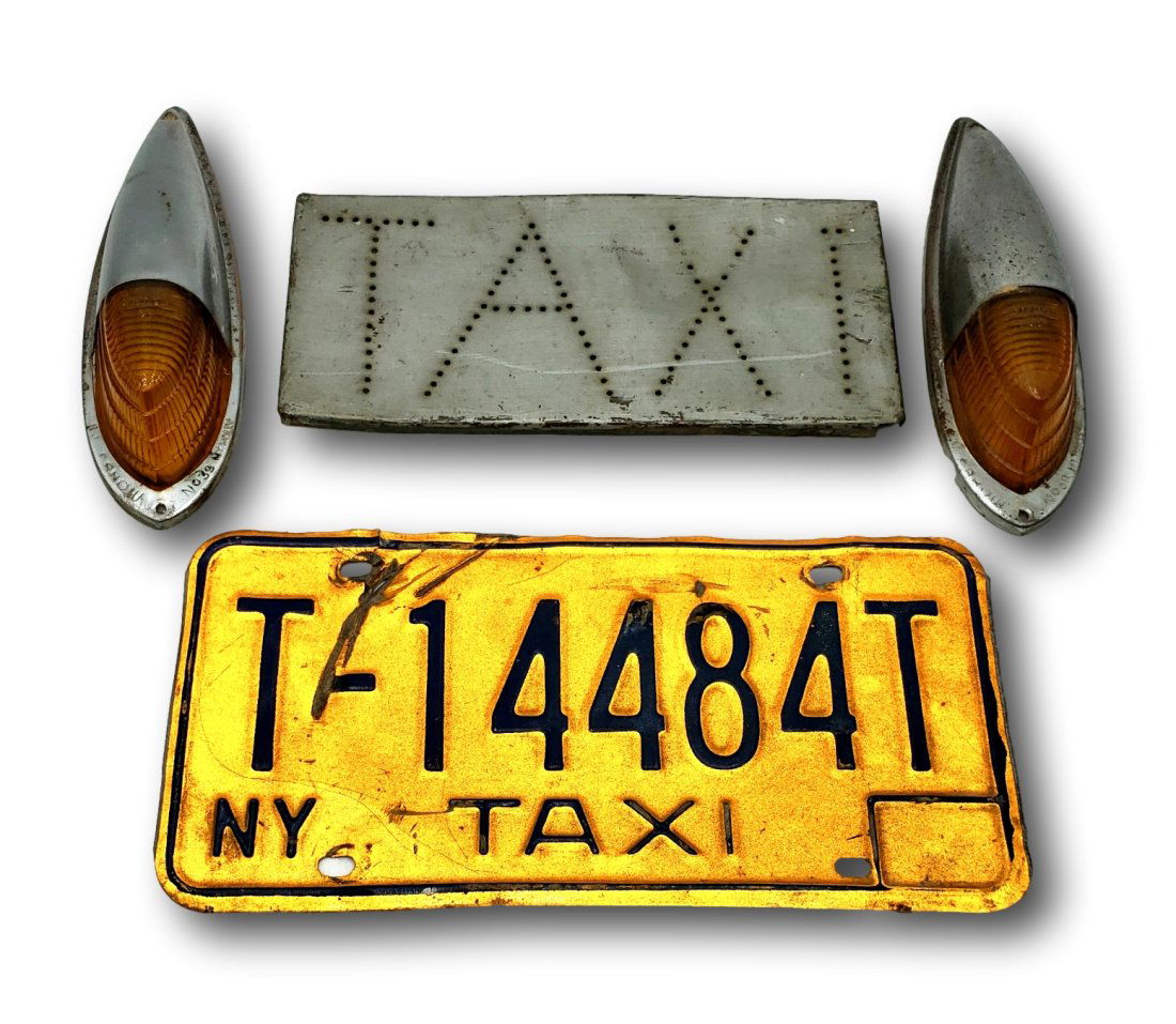NY Taxi Lot - Lights, Licence Plate, TAXI Punch Plate: We were told that this was taken off a NYC taxi. The lights would have gone on each side of the roof sign, the yellow lenses are glass, the punch plate would have been part of the roof sign, and the l