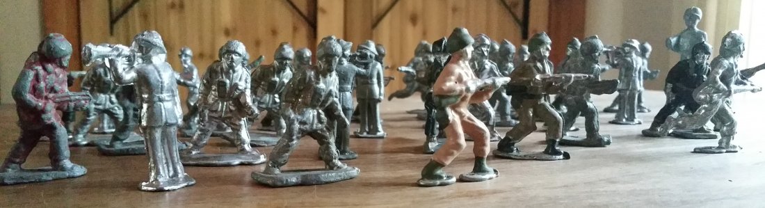 LOT OF 80 METAL ALLOY 1/32 FIGURES: Void of a maker’s mark, and the crude finishing, we are attributing this set to a hobbyist, or perhaps a military service member. They are about 2 inches tall (50.8mm). Figures are both painted and 