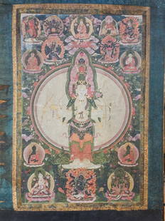 FINE EARLY TIBETAN SILK MANDALA-THANGKA OF BRAHMA: Tibetan Silk Mandala (Thangka) of Lord Brahma and his AvatarsBelieved to be from the 18th to 19th century.This beautiful antique work of art is believed to be a depiction of the Hindu deity Lord Brahm