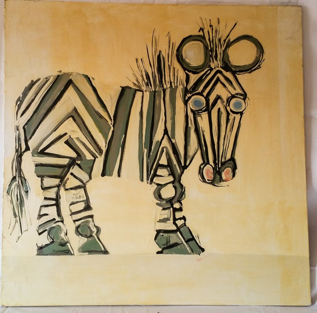 STYLIZED ZEBRA ACRYLIC ON CANVAS SIGNED: Zebra Stylized Zebra on cream background signed " Susan Burleigh"30 in x 30 in Acrylic on prepared canvas. Minor rubbing and wear on corners and edges. Stray red mark below Zebras's tail and finger ma