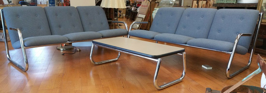 PAIR OF CHROME AND TWEED CONTEMPORARY SOFAS (1 of 5)