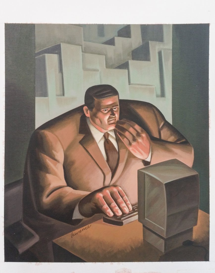 BROWN SUIT MAN AT COMPUTER- SIGNED OIL LAWRENCE FINNEY: BROWN SUIT MAN AT COMPUTER- SIGNED OIL BY LAWRENCE FINNEYSigned “Lawrence” lower central image on edge of desk, oil on canvas panel. Image of a man in the city at a desk with the glow of a compute