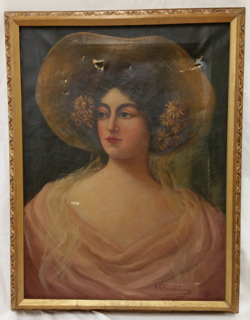 “Ideal Head” signed 1906 oil by Adelaide Husted Long: As stated on the loan for exhibition identification card affixed to the lower right corner of frame back, this oil on canvas was lent directly from the collection of Adelaide Husted Long to be returne