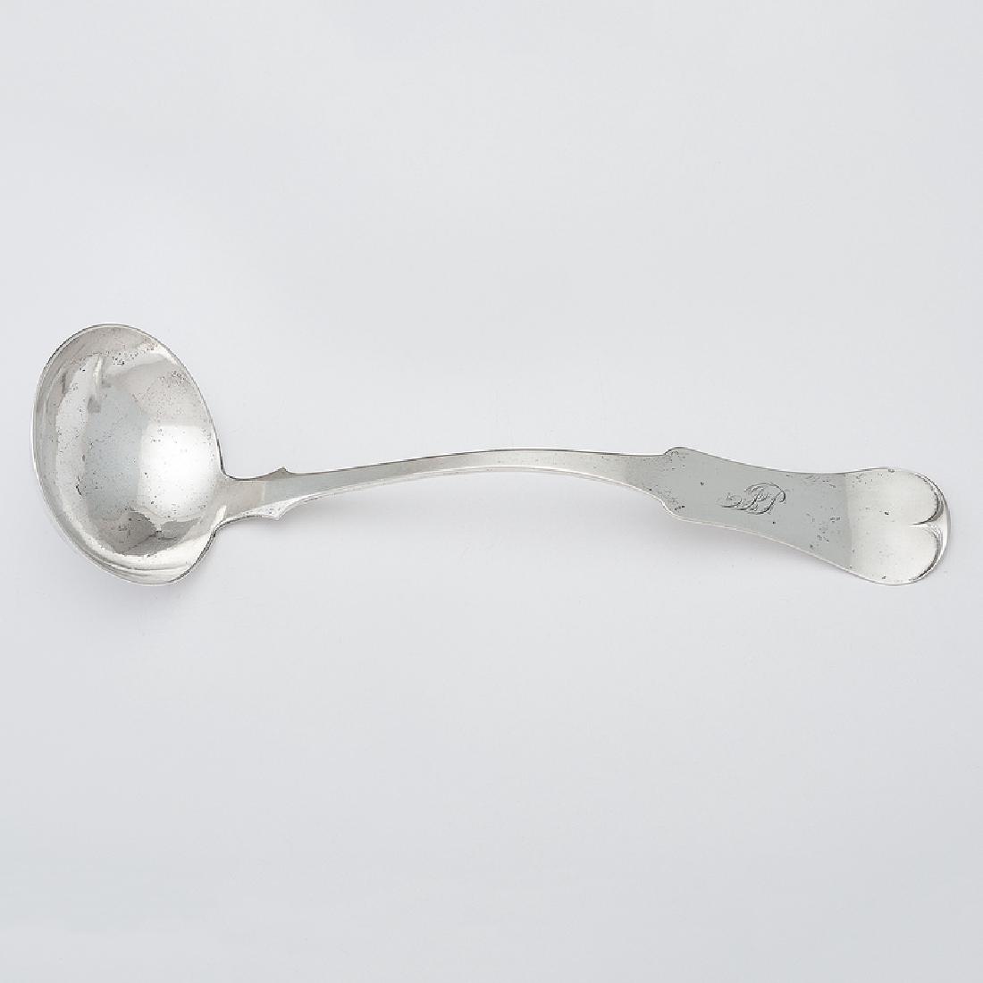 George Sharp Jr., Danville, KY Silver Ladle: American (Danville, KY), 1857-1864. A coin silver ladle with oversized fiddleback handle, monogrammed, marked on underside; lg. 13 in., silver wt. 5ozt (156g).