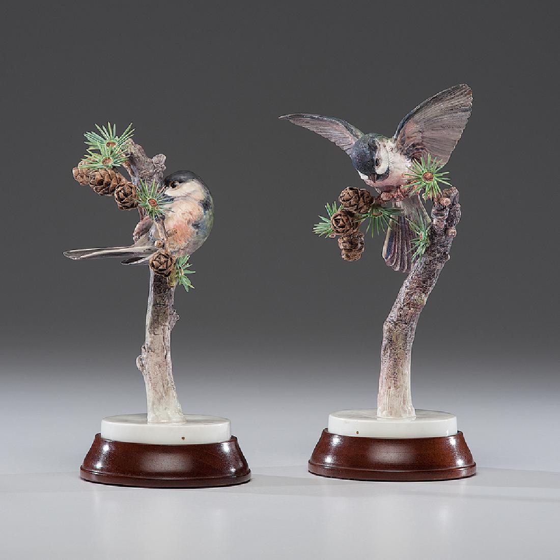 Royal Worcester Dorothy Doughty Chickadees: English, first half 20th century. A pair of porcelain chickadees, male and female, perched on pine branches, modeled by Dorothy Doughty (1892-1962) for her American Birds series, and produced by