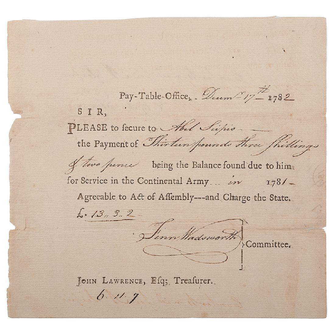Continental Army Pay Receipt for Identified African (1 of 2)