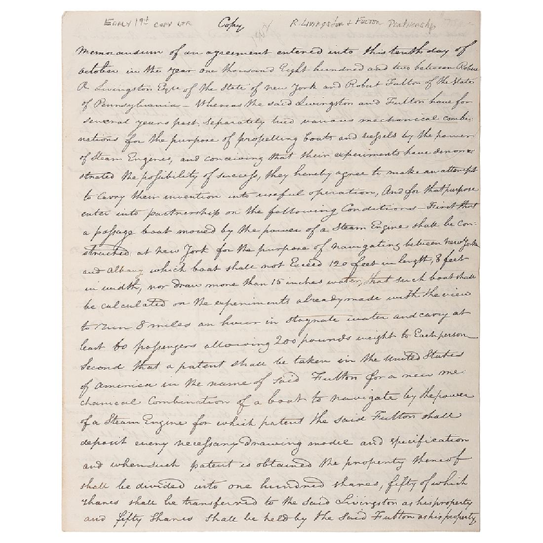 Contract for Fulton Steamboat Between Robert Fulton and: Manuscript copy, 4pp, 8 x 10 in., outlining the contract between inventor Robert Fulton and investor Robert Livingston for Fulton's steamboat. Robert Fulton (1765-1815) was an American inventor and en