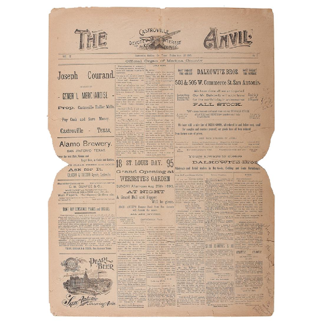 Killing of John Wesley Hardin in Rare Texas Newspaper,: The Anvil. Castroville, TX: Friday, August 23, 1895. 4pp, 17.5 x 24 in. Front page description of the killing of famed outlaw John Wesley Hardin, which reads simply, "John Wesley Hardin the noted Texa