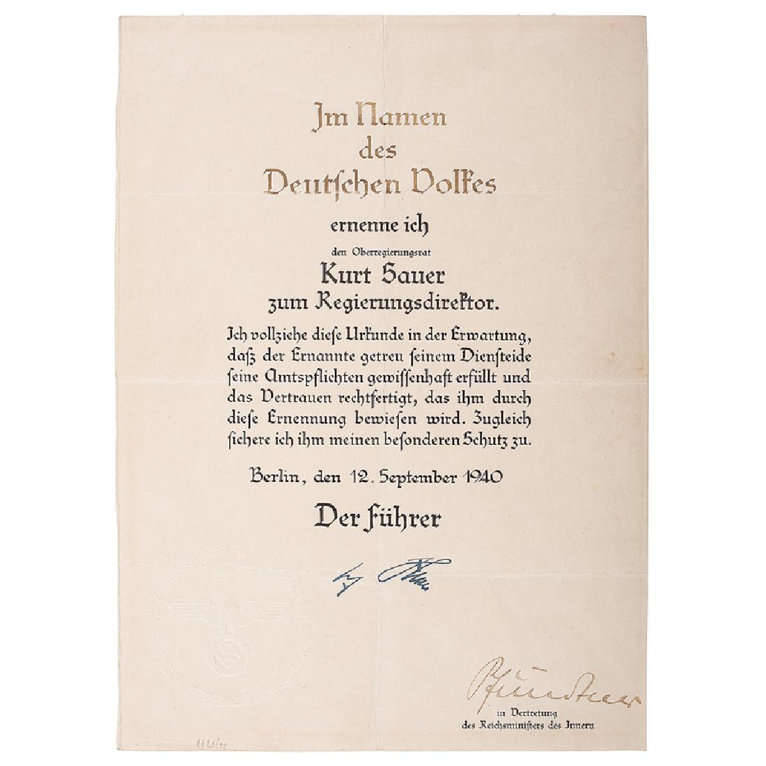 Adolf Hitler Appointment, Secretarially Signed: Printed certificate, 10 x 14 in., with gilt lettering at top, embossed NSDAP eagle and swastika. Berlin, September 12, 1940. For Kurt Sauer to the position of government director. Manuscript translati