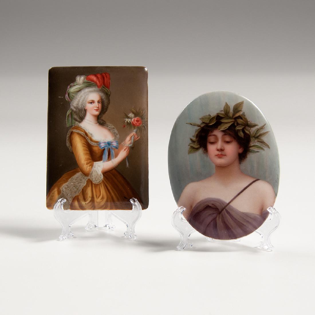 Continental Portraits on Porcelain, Lot of Two: Continental, 19th century. A group of two portraits on porcelain, including: one rectangular-shaped portrait of an 18th-century lady holding a rose, signed Wagner l.r., marked 107 / Antoinette 3/4 /