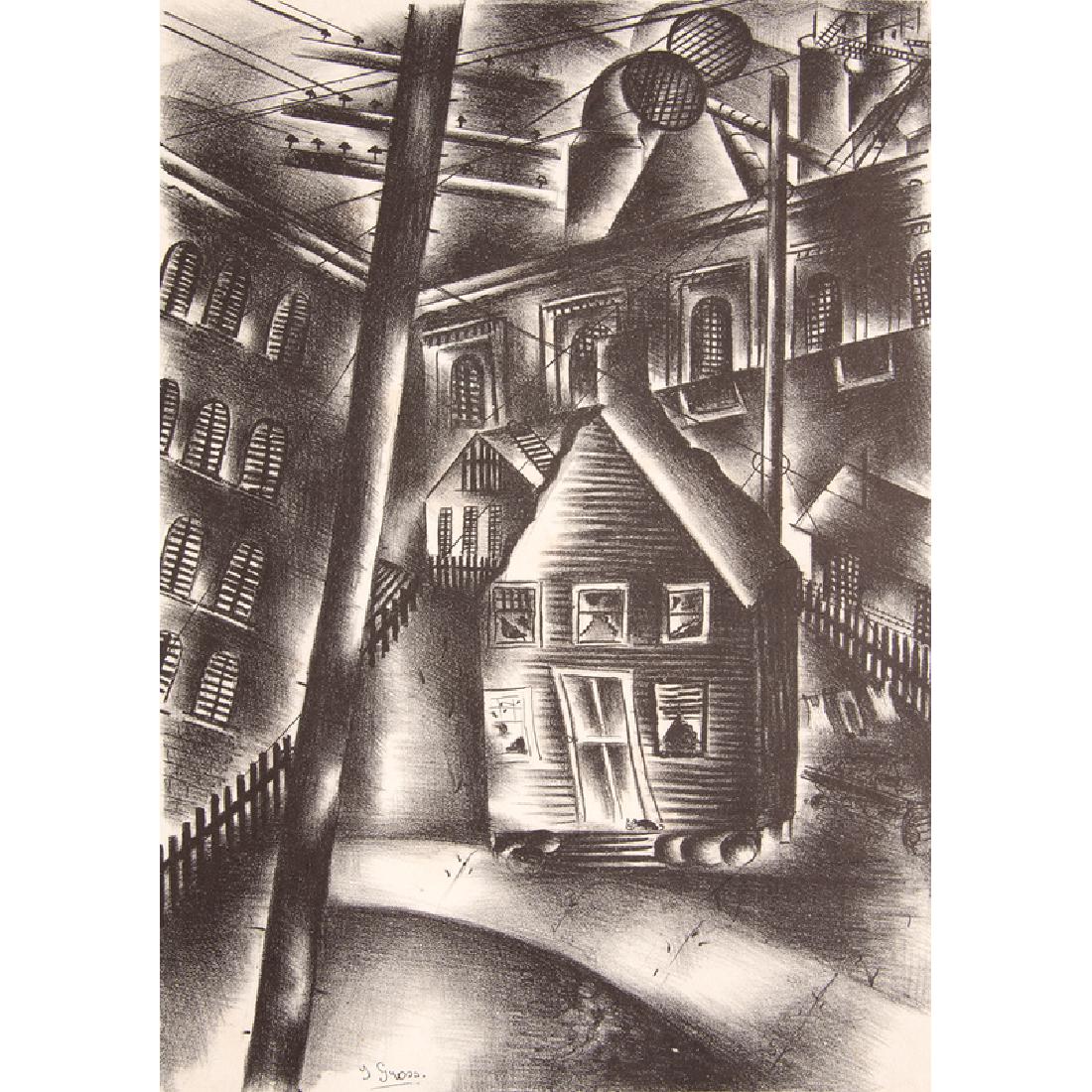 Jolan Gross-Bettelheim (American, 1900-1972) Lithograph: The Yard 20th century, WPA Era signed l.r. outside plate titled l.l. outside plate unframed, matted 13 x 19 in. (plate), 17 x 12.5 in. (paper) Provenance: The Estate of Stanislau