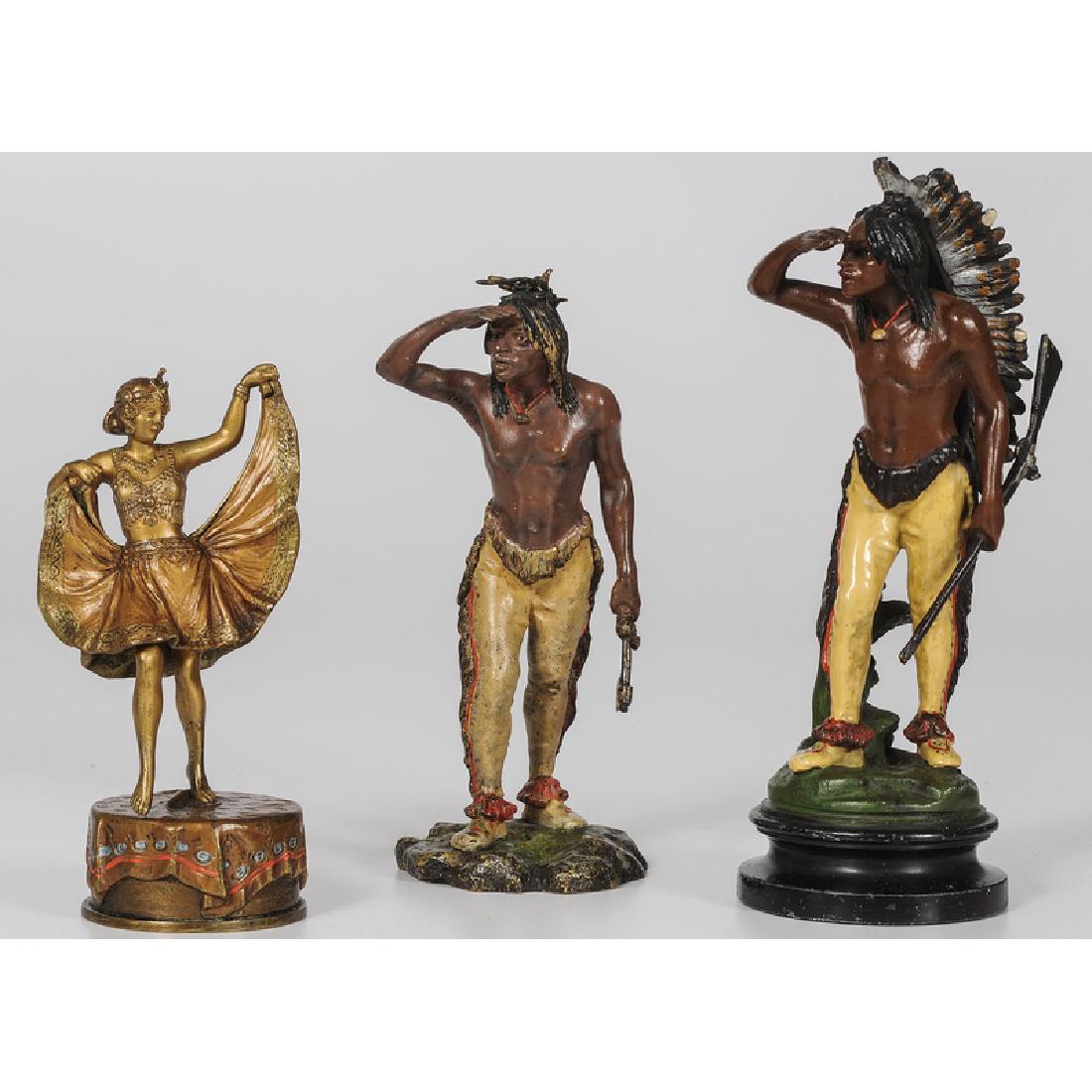 Franz Bergmann Cold Painted Bronzes, Plus: Franz Bergmann (Austrian, 1861-1936). An erotic bronze Oriental dancer signed Nam Greb and marked for Vienna Bronze on underside, and a cold-painted bronze Indian figure holding a tomahawk marked f