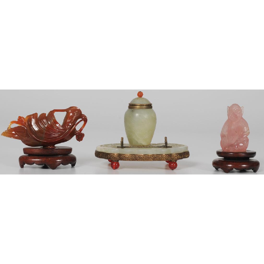 Chinese Carved Jade and Brass Inkwell and Stand, Plus (1 of 3)