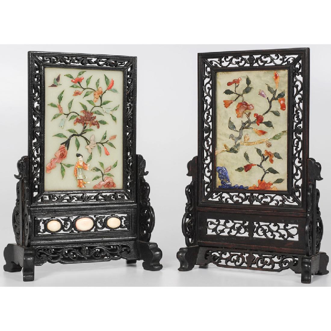 Chinese Hard Stone Screen in Rosewood Stands (1 of 2)