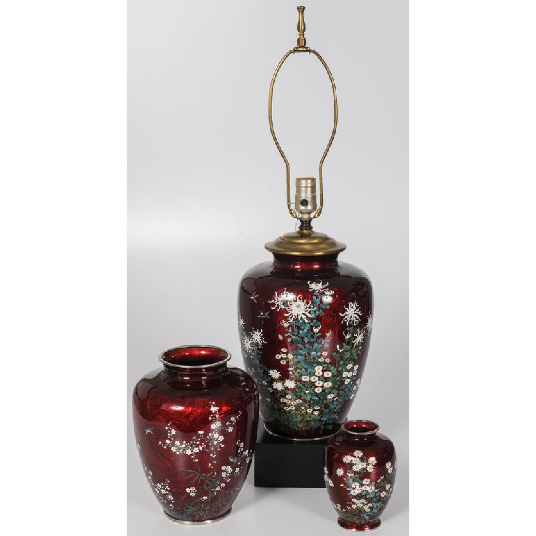 Japanese Guilloché Enamel Vases and Lamp (1 of 3)