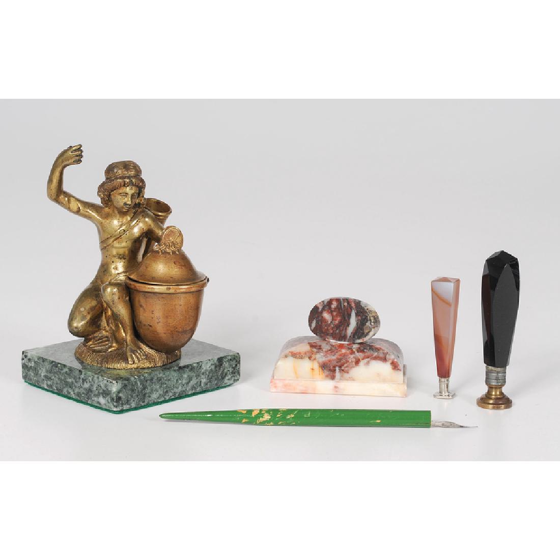 Bronze Figural Inkwell, Marble Paperweight and Stampers (1 of 5)