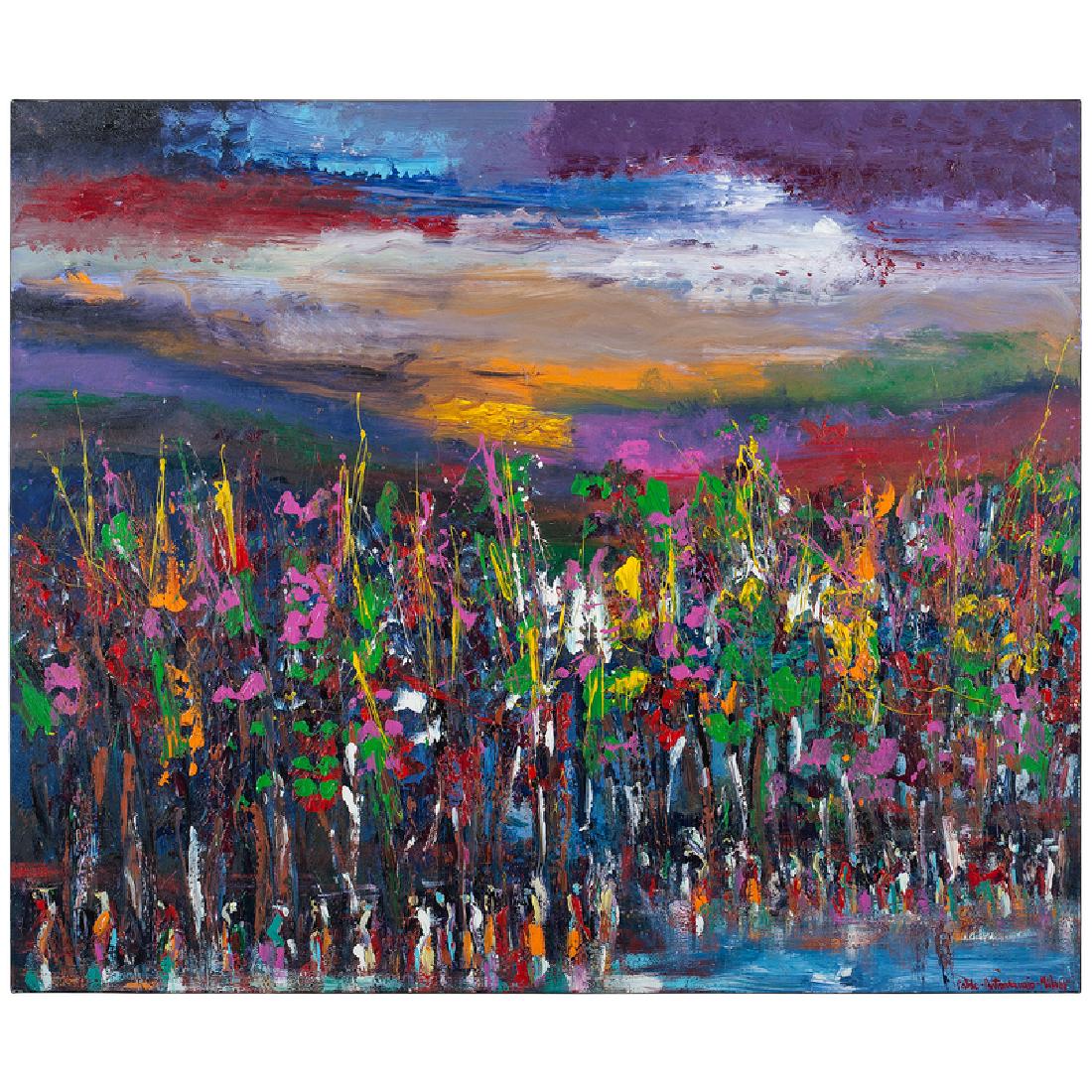 Pablo Antonio Milan (American, b. 1961) Acrylic on: Traveling Winter Campsigned lower right, titled on reverse(unframed) 60 x 72 in.