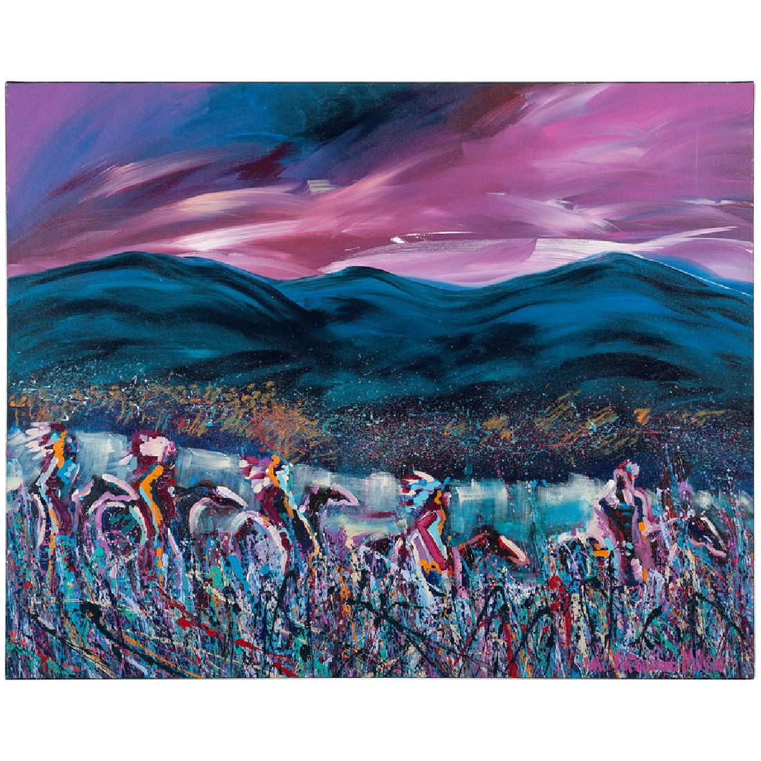 Pablo Antonio Milan (American, b. 1961) Acrylic on: untitled, of warriors of horsebacksigned lower right(unframed) 48 x 60 in.