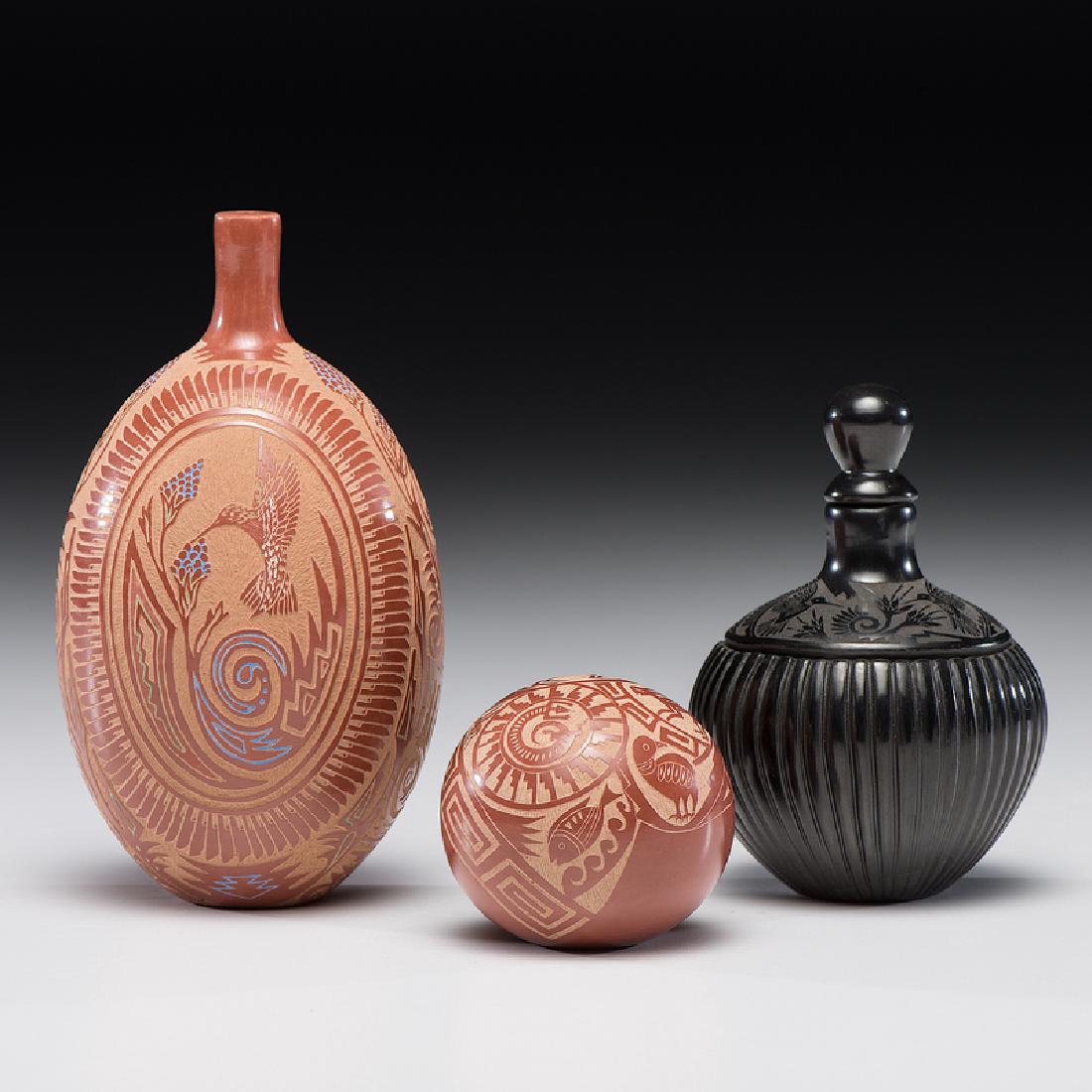 Grace Medicine Flower (Santa Clara, b. 1938) Sgraffito: lot of 3, all signed on base, includes an ovoid polychrome jar, finely decorated with hummingbirds feeding among the flowers, height 5 in. x diameter 2.75 in.; PLUS a blackware jar reminiscent of a 