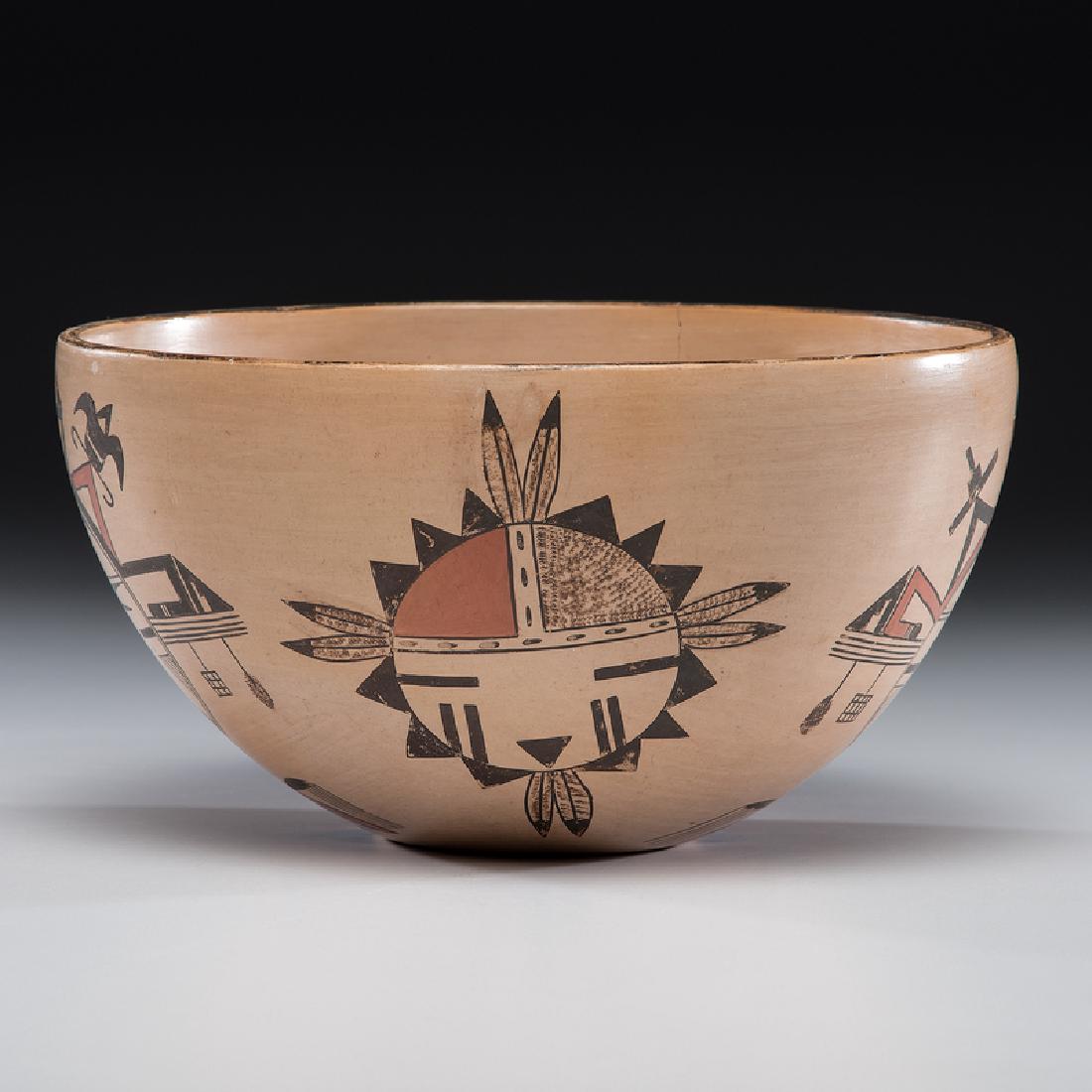 Rondina Huma (Hopi, b. 1947) Pottery Bowl: Hopi bowl featuring alternating depictions of Tawa and Salako; signed on base by Rondina Huma; height 5 in. x diameter 9.5 in.second half 20th century